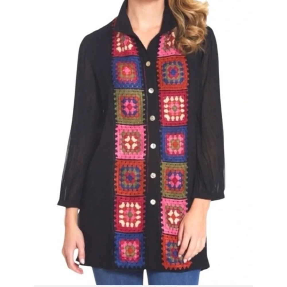 John Mark Crochet Granny Square Mixed‎ Media Paisley Print Tunic Shirt M